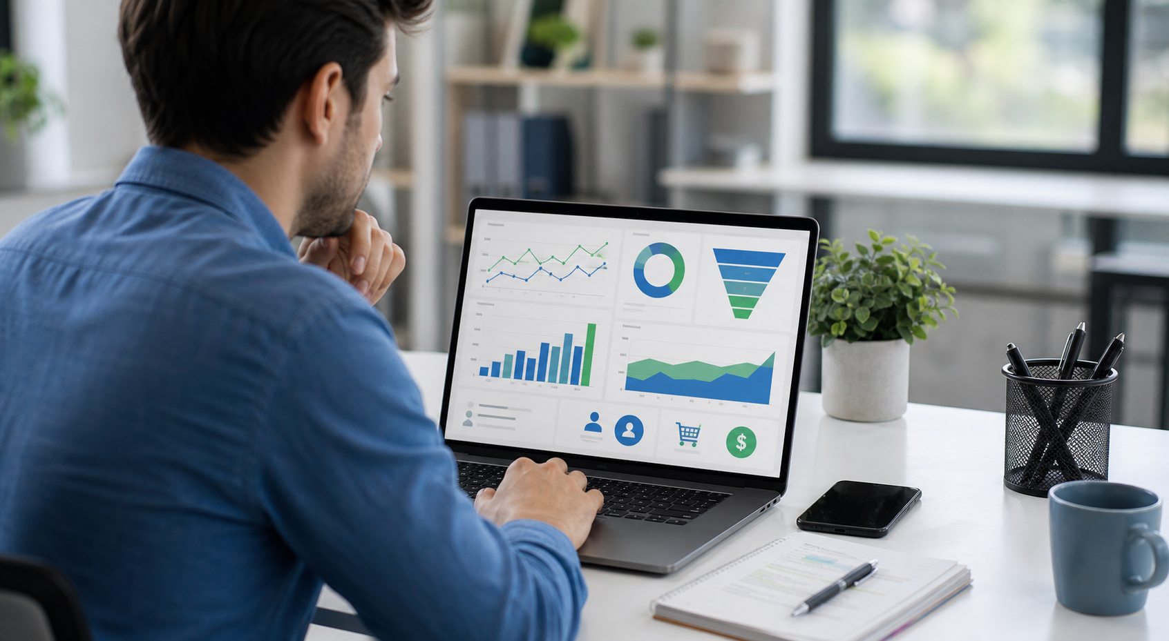 Marketer reviewing brand awareness SEO analytics for traffic engagement leads and conversions