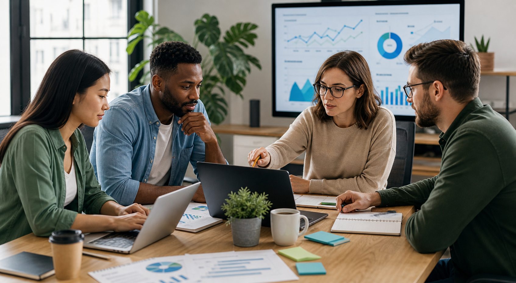 Digital marketing team planning a brand awareness SEO strategy at computers