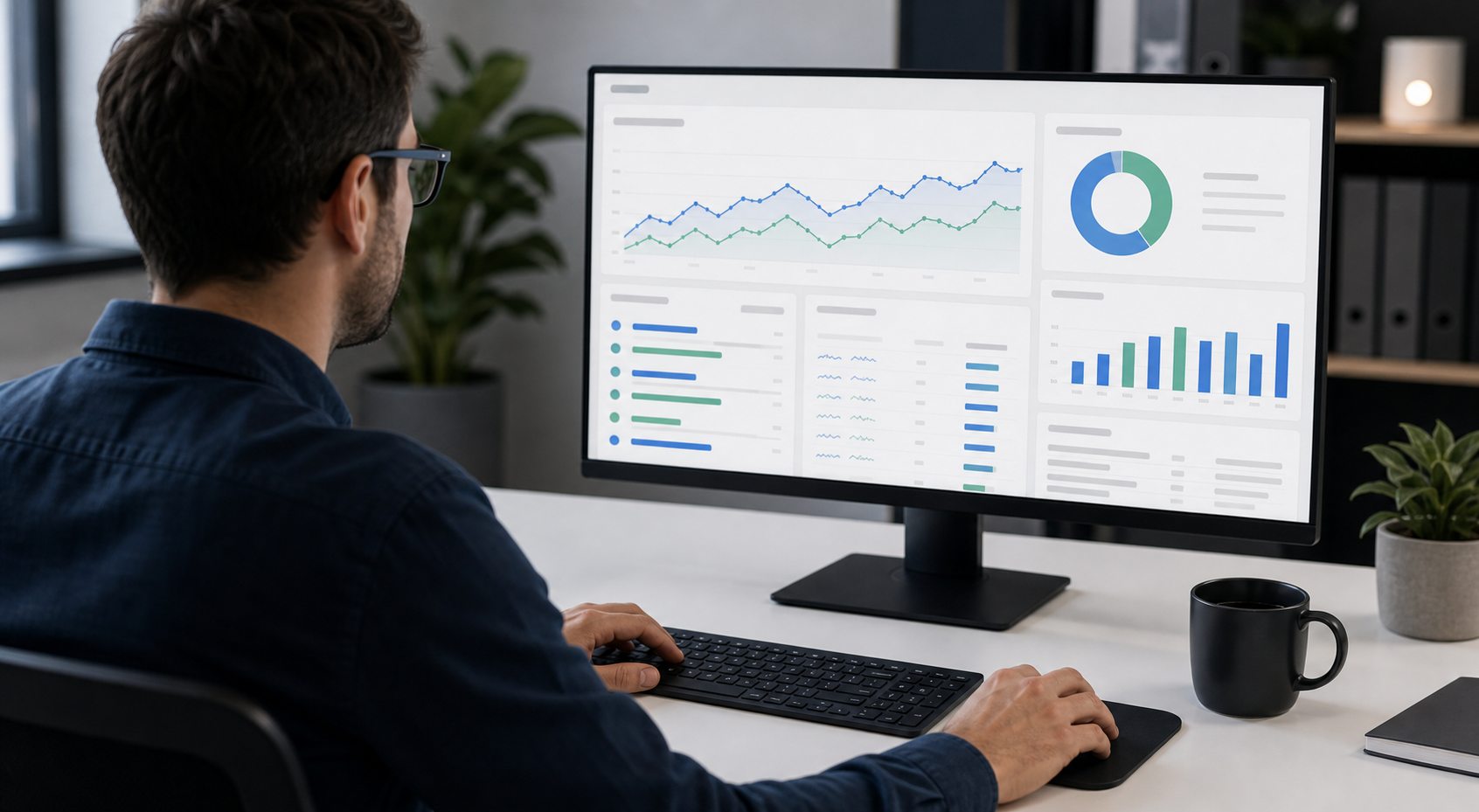 SEO analyst reviewing organic search visibility traffic and performance on a desktop dashboard