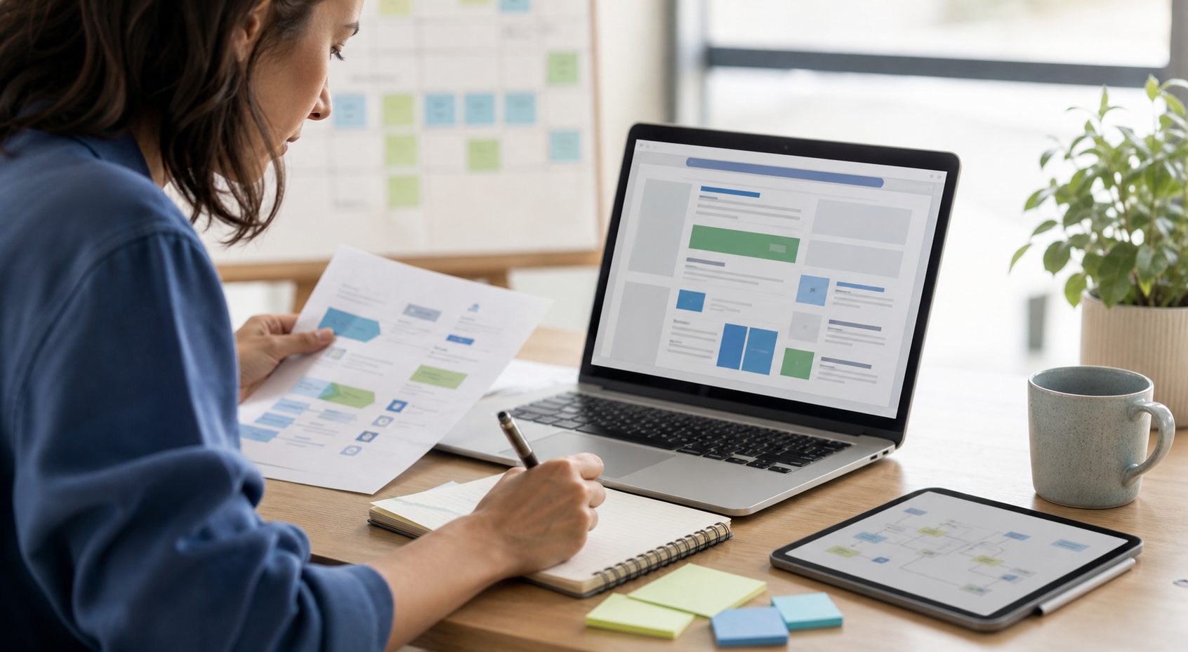 Content strategist building an SEO content strategy with articles blog posts images and brand awareness assets